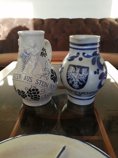 Set of Two Vintage German Salt Glazed stoneware Jugs and a French Fondue or Nibbles Plate.
