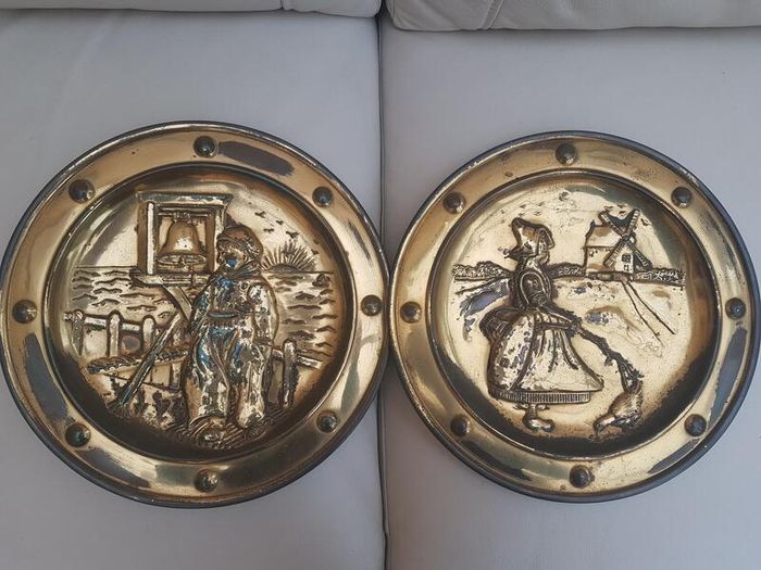 Pair of Vintage Brass Circular Embossed Plate Plaques