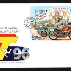 1996 Isle of Man Tourist Trophy (TT) Motorcycle Races, Irish Winners Stamp Miniature Sheet First Day Cover (FDC)