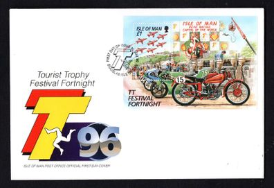 1996 Isle of Man Tourist Trophy (TT) Motorcycle Races, Irish Winners Stamp Miniature Sheet First Day Cover (FDC)