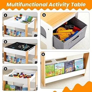 Kids Table and Chair Set, 4 in 1 Toddler Desk with Storage Drawer, Wooden Activity Table for 2 in 1 Detachable Tabletop,Bookshelf, Suitable for Classroom, Home, Nursery, Playroom