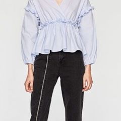 blouse zara size large blue frilled with wrap effect