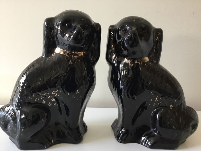 Antique Sadler  black Mantle dogs with glass eyes