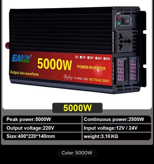 New 5000w 24v or 12v  Pure Sine Wave Power Inverter Voltage Transformer DC12V to AC 220V Converter+2 LED Display