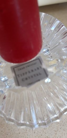 Tipperary Crystal Candlesticks with Tall red Candles