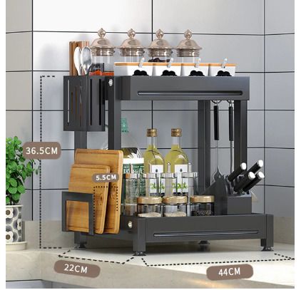 BRAND NEW Seasoning Jars Bottle Shelf Kitchen Organizer Storage Holder 2 Layers Black
