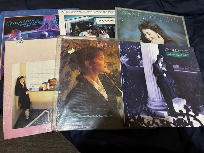 A Nanci Griffith record collection.
