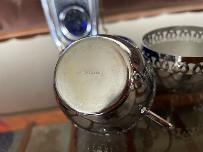 Vintage Silver Chromed Metal Cobalt Blue Glass Sugar and Creamer Set Serving Tray