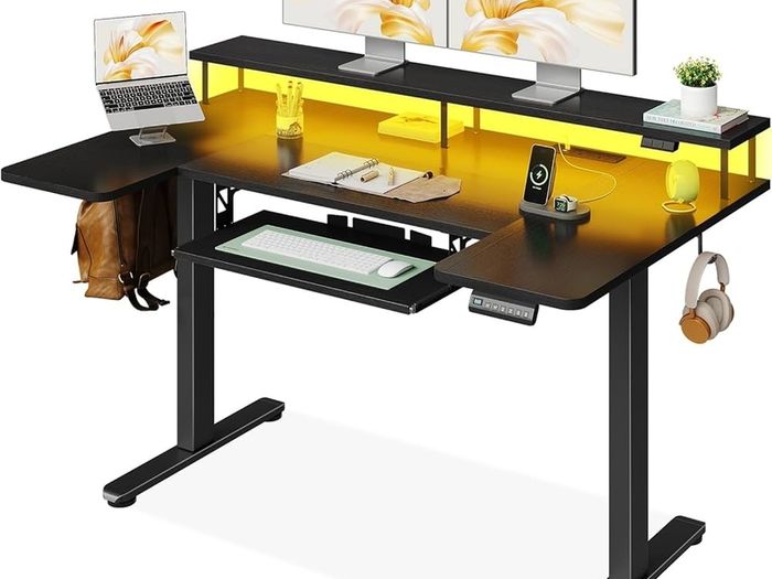 Standing Desk, 140cm U Shaped Height Adjustable Desk with Monitor Stand, Electric Sit Stand Rising Table with Sockets, Gaming Computer Table with LED Light for Home Office Workstation, Black