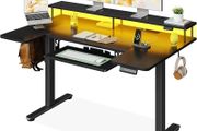 Standing Desk, 140cm U Shaped Height Adjustable Desk with Monitor Stand, Electric Sit Stand Rising Table with Sockets, Gaming Computer Table with LED Light for Home Office Workstation, Black