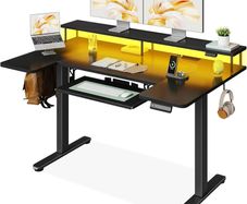 Standing Desk, 140cm U Shaped Height Adjustable Desk with Monitor Stand, Electric Sit Stand Rising Table with Sockets, Gaming Computer Table with LED Light for Home Office Workstation, Black