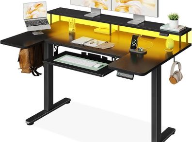 Standing Desk, 140cm U Shaped Height Adjustable Desk with Monitor Stand, Electric Sit Stand Rising Table with Sockets, Gaming Computer Table with LED Light for Home Office Workstation, Black