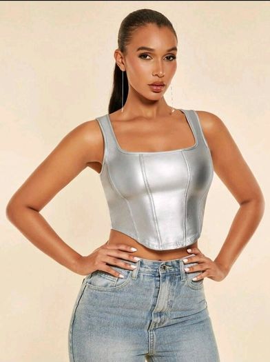 SHEIN BAE Square Neck Asymmetrical Hem PU Leather Tank Top Size S