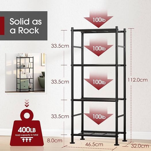Storage Shelves - 4 Tier Sturdy Metal Garage Shelving Unit with Adjustable Leveling Feet, Space-Saving Shelves Organizer for Pantry, Laundry, Kitchen, 46.5 x 32.0 x 112 cm, Black