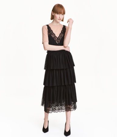 H&M Black Lace V-neck Tiered Pleated Dress