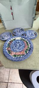 Vintage French Majolica Putti pottery plate, Barbotine, cherubs, musical, musicians, angles, pre loved, hanging, glass glazed, floral, round. --large plate  40.00 euro 27CM. diamter. -- small one 20.00 euro each . 14.5 CM. diamter    all set of 4 for  90.