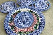 Vintage French Majolica Putti pottery plate, Barbotine, cherubs, musical, musicians, angles, pre loved, hanging, glass glazed, floral, round. --large plate  40.00 euro 27CM. diamter. -- small one 20.00 euro each . 14.5 CM. diamter    all set of 4 for  90.