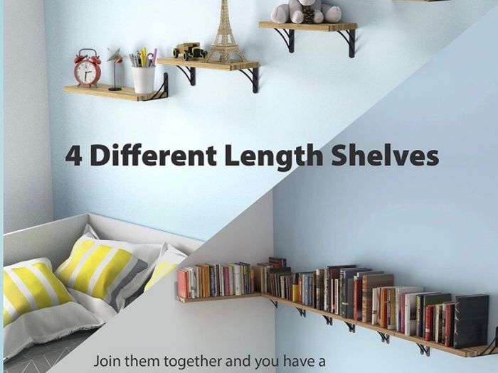 Versatile Floating Shelves Set of 4 Multi-Length Wooden Shelves for Wall with Floating Shelf Brackets