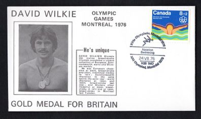 1976 Canada cover commemorating Davie Wilkie Gold Medal Winner 200 breast-strok swimming tying 8c Olympic Commemorative Stamp with Olympic stamp cancel