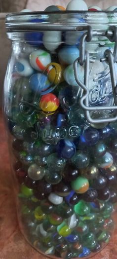 Antique collection of old marbles in large clip sealed jar it's full to the top loft find from very old house in France Beautiful