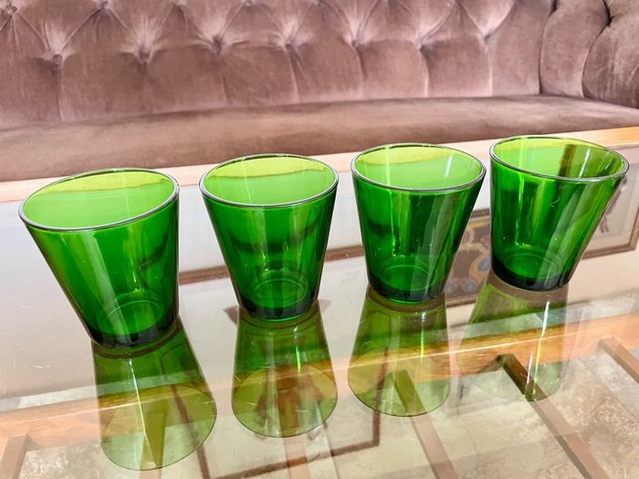 Set 4 Vintage Vereco France Small Forest Green Juice Glasses Tumblers MCM
