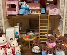 Sylvanian cottage and rainbow nursery bus with extras