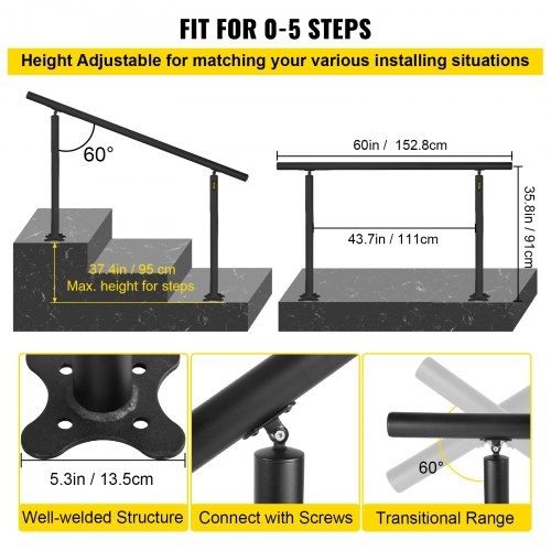 Stair Railing Kit, 152.4 cm Handrails for Outdoor 0-5 Steps, Adjustable Angle Black Aluminum Stair Handrail, Indoor & Outdoor Stairs for the Elderly
