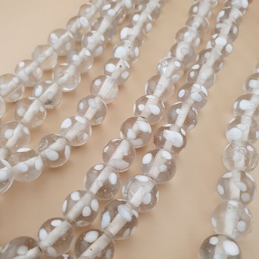 Vintage Clear White Dotted Glass Beads Strands 12-13mm Beads Length 22 inches