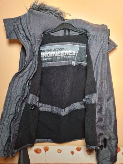 womens girls SUPERDRY wind attacker grey Jacket coat with fur hood Size 2XS double extra small winter walking hiking trekking