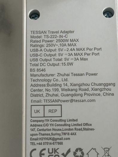 Brand -new Tessan Double Travel Adapter UK to India Type D Plug with 3 USB (1 USB C)
