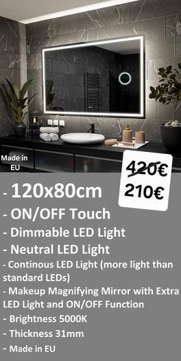 LED Bathroom Mirrors Selection Clock Speakers Bluetooth Demister Antifog Wi-Fi Weather Station Makeup