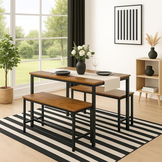 4 Seater Compact Dining Set - Brown & Black Table with 2 Benches - Small Space Saving Kitchen Dining Furniture with Wood Finish & Metal Frame for Modern Homes