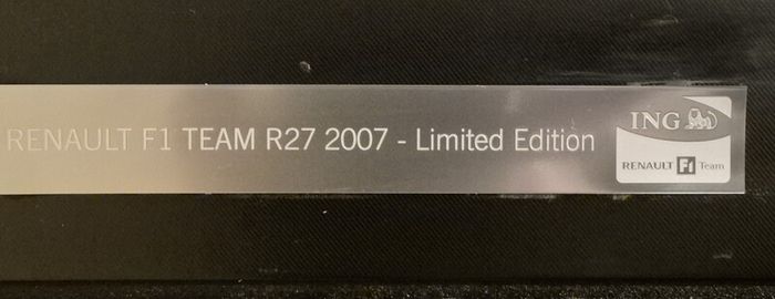 A 1:6 scale (32 inches long Formula 1 car) limited edition model of the 2007 Season ING Renault R27 F1 Team car