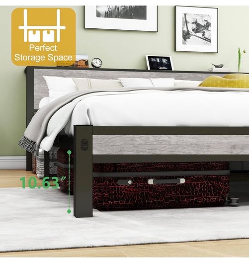 Double Bed Frame Storage Wooden Headboard Metal Platform Grey wood headboard storage shelf. Sturdy metal platform frame, no box spring needed. Quiet strong legs. for master bedroom