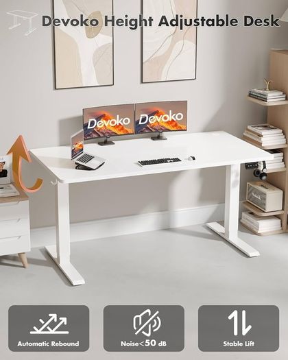 Electric Standing Desk 120x60cm Sit Stand Table Height Adjustable with Backpack Hook and Memory Smart Pannel, Home Office, White