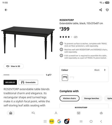 Ikea black wood extendable kitchen table / ezliving matching bench