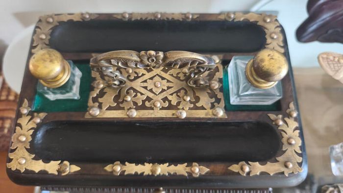 Antique Walnut,Ebony and Pierced Brass Double Inkwell Desk Set.