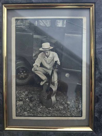 Vintage Bob Dylan black and white framed postcard with inscription