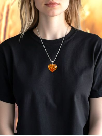 Natural Baltic Amber Heart 925 Silver Necklace