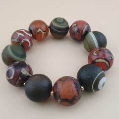 Vintage Etched Carnelian & Nutural Suliemani Agate Big Beads Bracelet