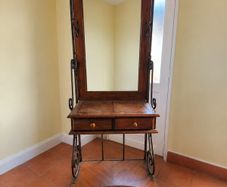 Vintage Wrought Iron & Solid Wood Hall Stand with Full-Length Mirror and Two Drawers