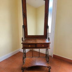 Vintage Wrought Iron & Solid Wood Hall Stand with Full-Length Mirror and Two Drawers
