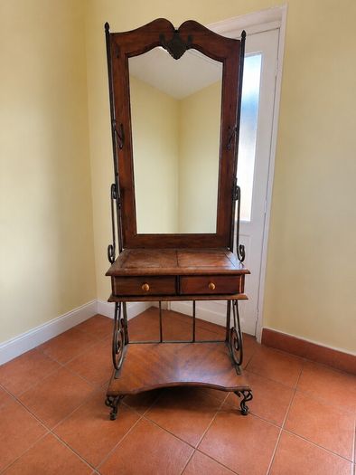 Vintage Wrought Iron & Solid Wood Hall Stand with Full-Length Mirror and Two Drawers