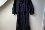 Iris &amp; Ink Black Organic Cotton Tiered Midi Dress V Neck Balloon Sleeve Cottagecore Boho