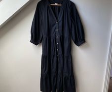 Iris & Ink Black Organic Cotton Tiered Midi Dress V Neck Balloon Sleeve Cottagecore Boho