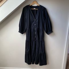 Iris & Ink Black Organic Cotton Tiered Midi Dress V Neck Balloon Sleeve Cottagecore Boho