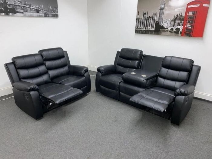Roma Black Manual Leather Recliner Sofa Set