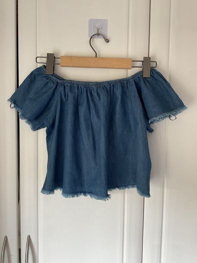 top bershka off shoulder 100% cotton denim top medium