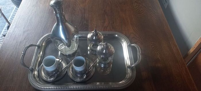 Antique stainless steel and glass French coffee set with tray