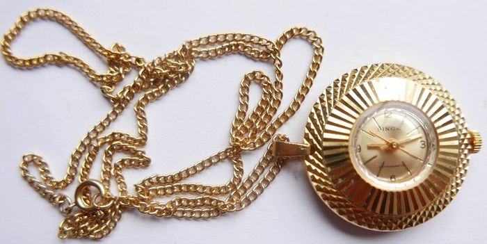 Vintage gold-plated Simca Antimagnetic Pendant Mechanical Watch W/necklace.(works well)